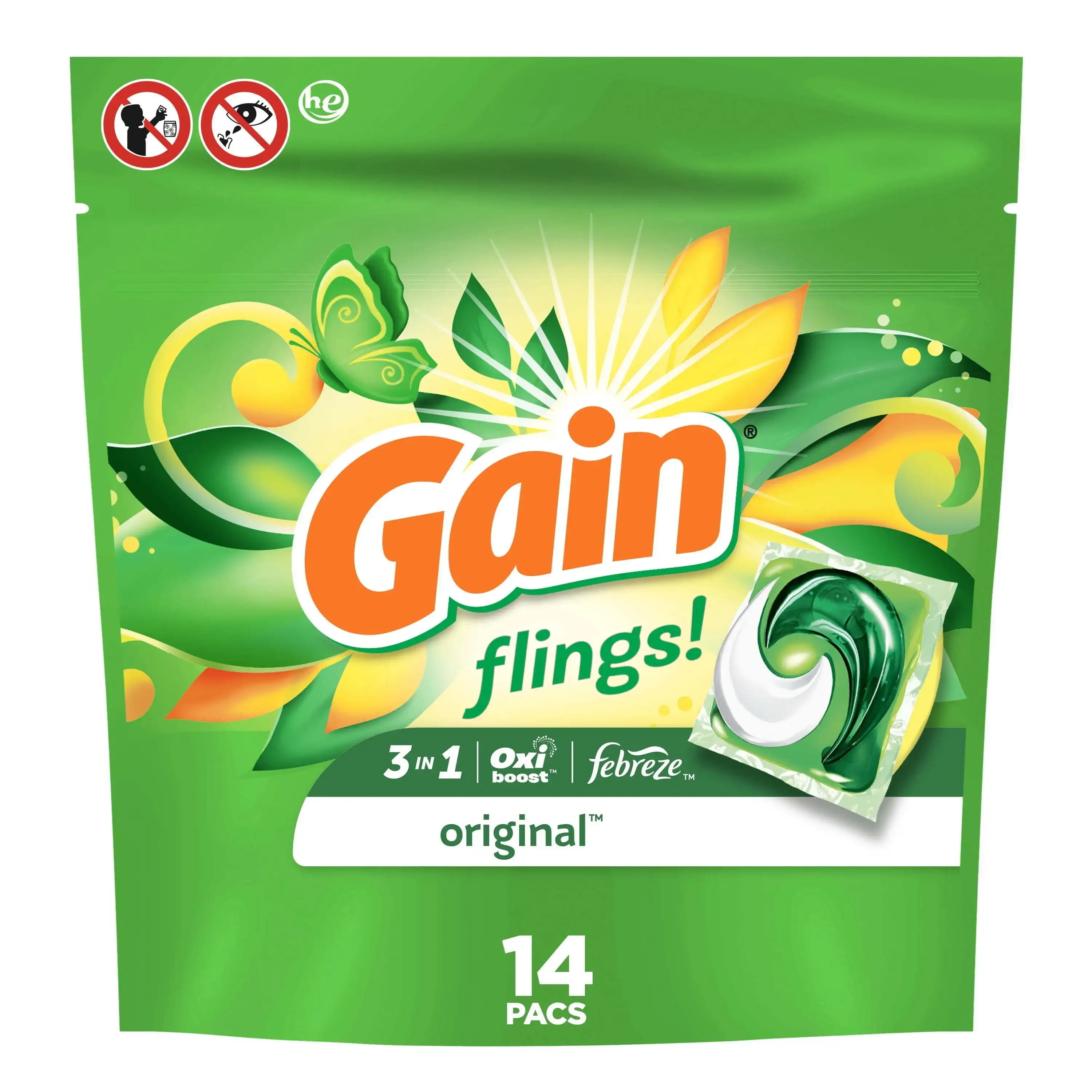Flings Laundry Detergent Pacs Original Scent 14 Count Works in All Washing Machines Even in Cold Water