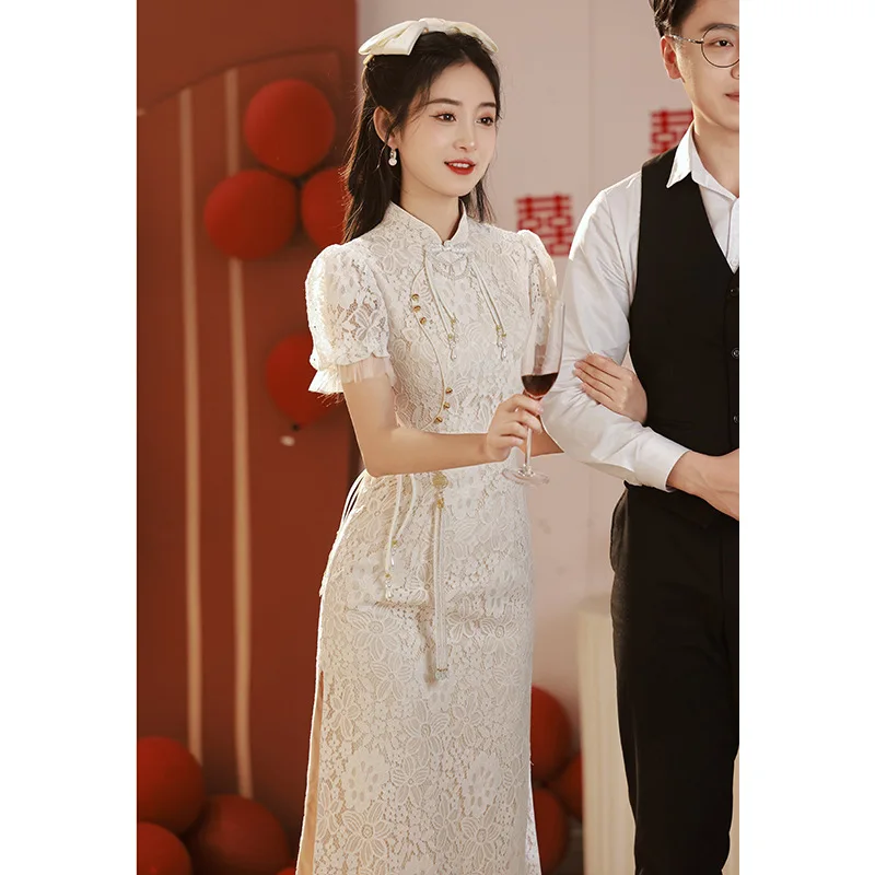 

Yourqipao White Engagement Dress New Chinese Slim Lace Cheongsam Traditional Women Qipao Tang Suit Wedding Hanfu Skirt Dresses