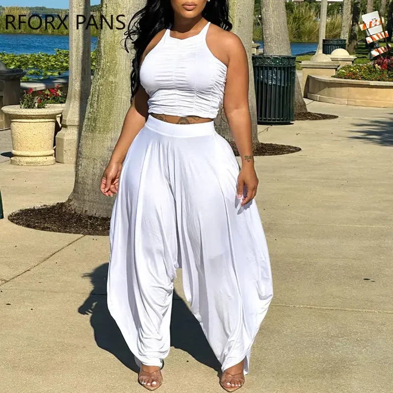 

Women Elegant Solid Sexy Pleated Crop Tops Asymmetrical Exaggerate Loose Fit Bottoms Long Pants Sets