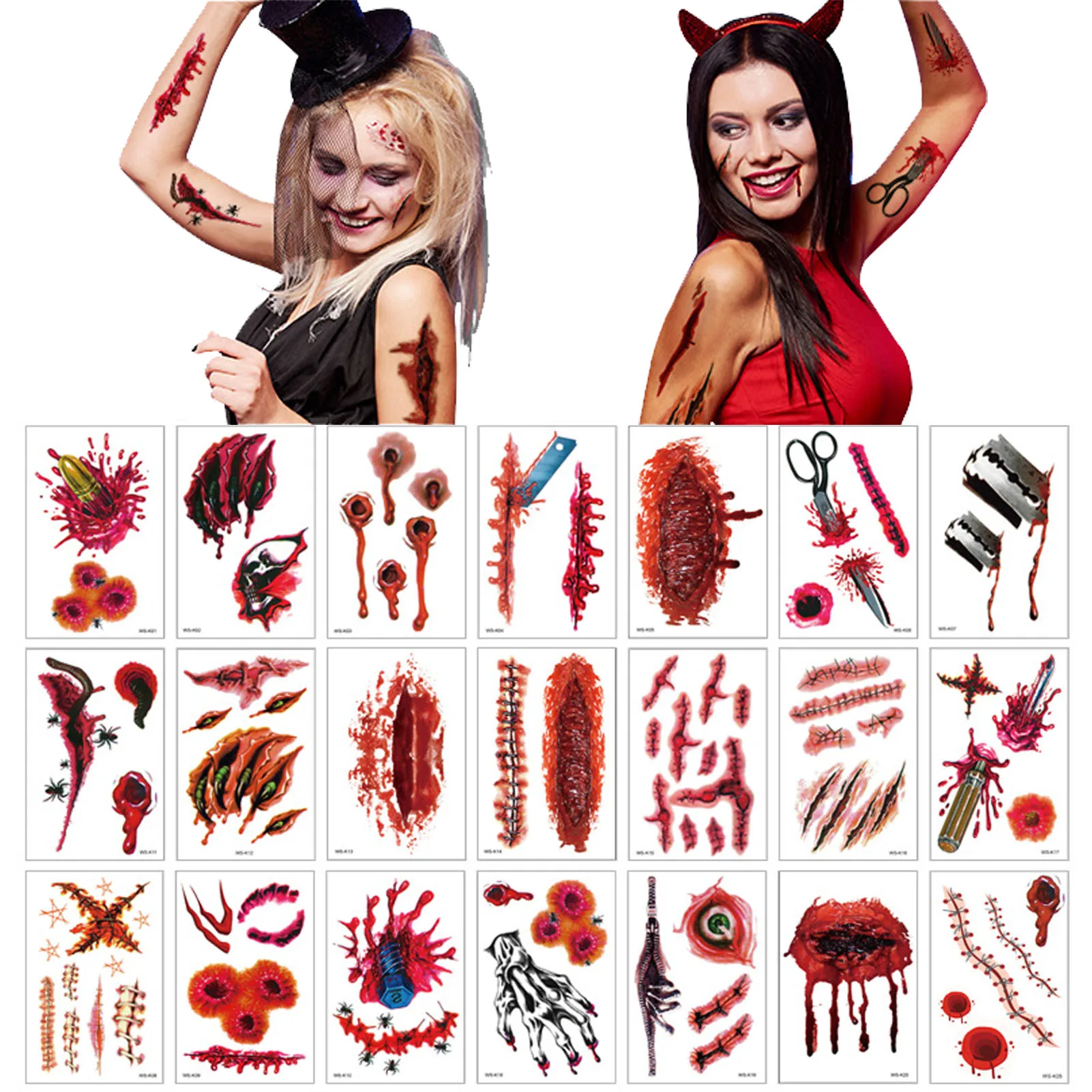 

Halloween Scar Temporary Tattoos 24pcs/Set Halloween Makeup Blood Wound Scary Fake Scar Scab Sticker Fade Bloody Scar Scab Face