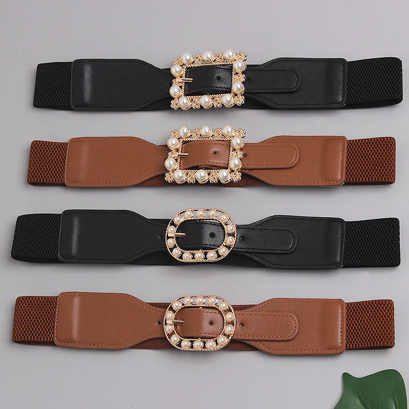 

Модный эластичный женский широкий пояс с жемчужинами роскошный элегантный декоративный карамельный классический однотонный универсальный ремень