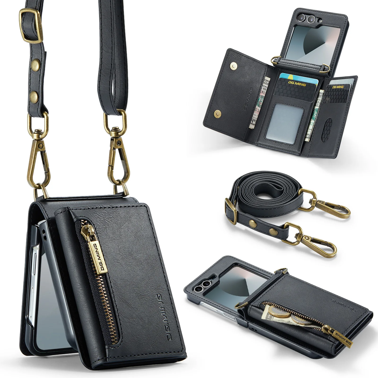 Luxury Leather Flip Phone Case with Magnetic Wallet and Zipper Lanyard