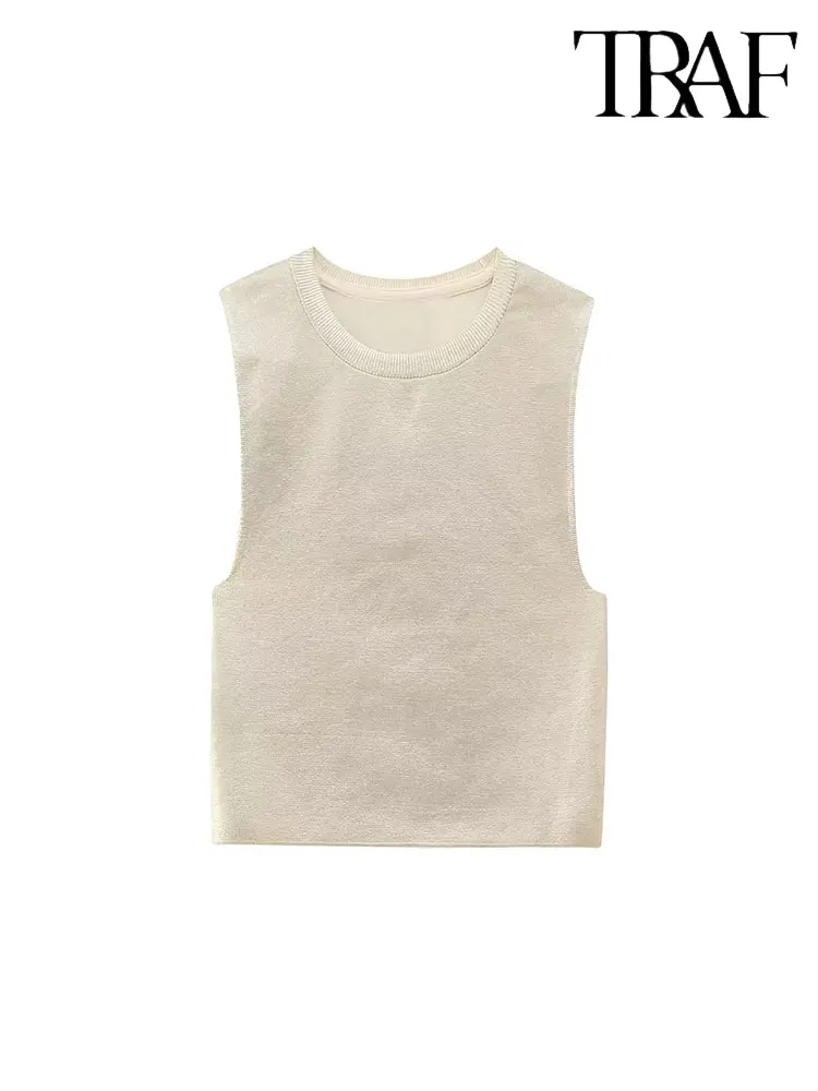

TRAF 2023 Woman Metal Foil Short Vest Tops Fashion Sleeveless Vintage O-Neck Spring Autumn Causal Elegant Slim Tops