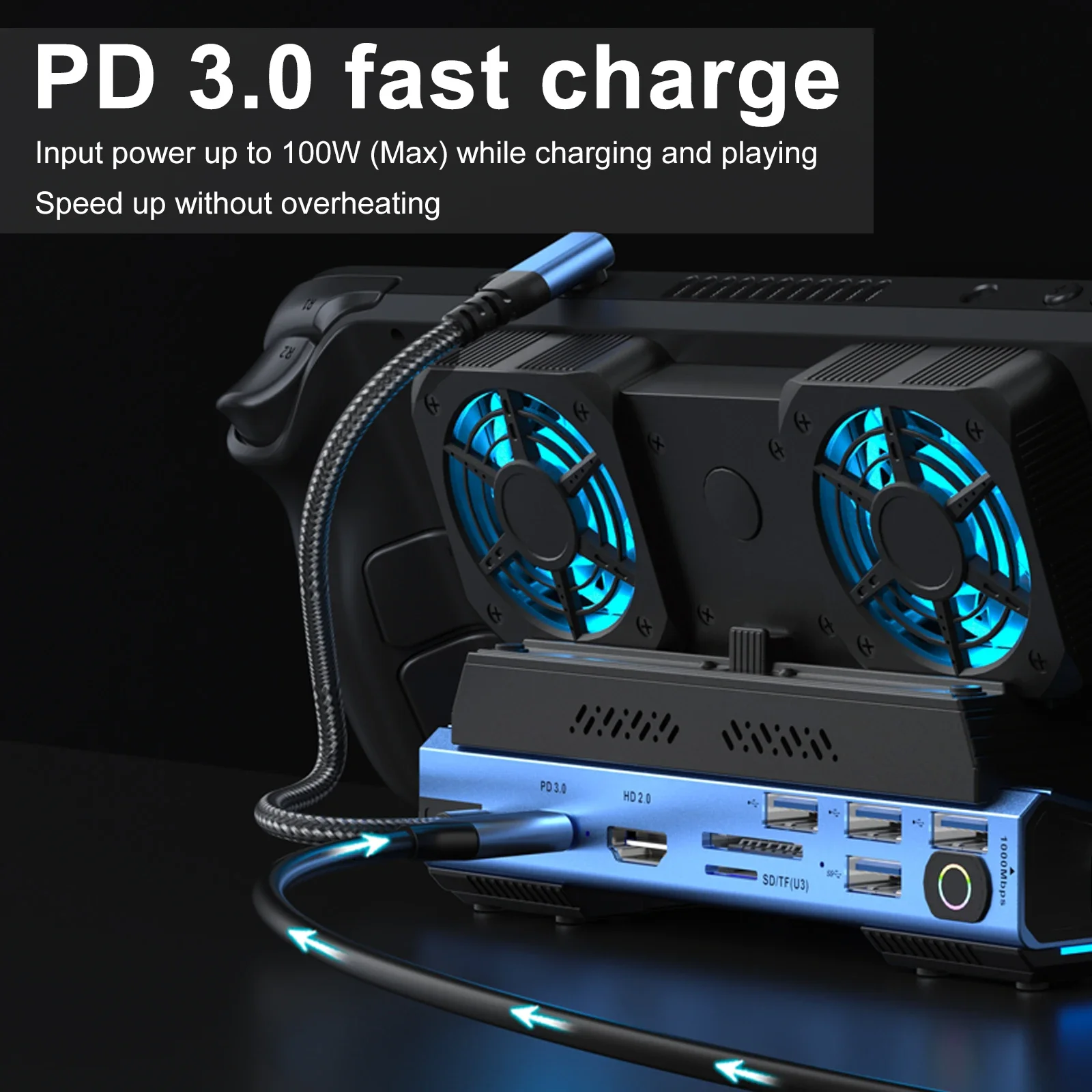 Steam DeckROG Ally/Switch M.2 PCie nvme 하드 디스크 박스, USB C 허브 4K60HZ 듀얼 팬 냉각용 10-in-1 Type-c 게임 도킹 스테이션