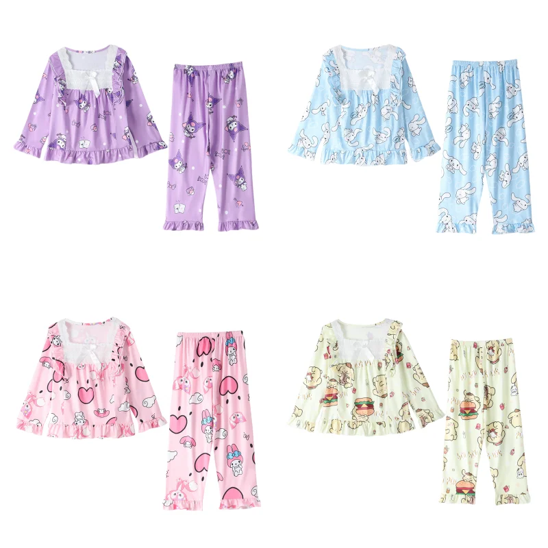 

2023 Kawaii Sanrioed Kuromi Children's Pajama Set Anime My Melody Cinnamoroll Cartoon Long Sleeved Pants Sleepwear Home Clothing