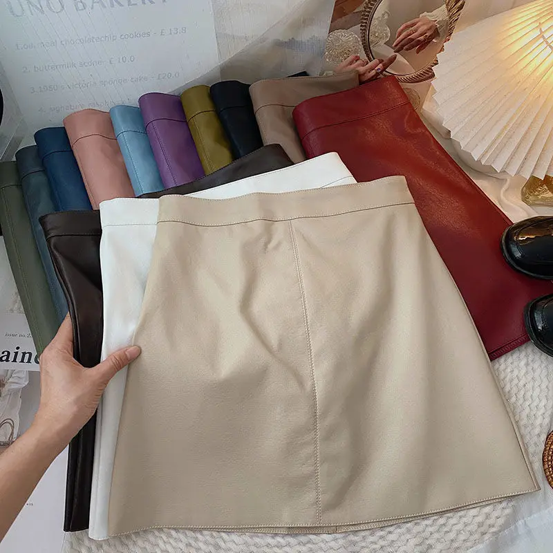 

2023 New Korean Casual Short Skirt High Waist Thin A-Line Skirt Hip One-Step Skirt PU Leather Skirt korean fashion clothing