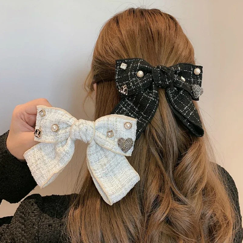 Elegant Plaid Cloth Hairpins Adult Crystal Heart Pearl Luxury Fabric Bow Hair Clip Pin for Girls Women Hair Jewelry Headpiece 50pcs kraft handmade fashion jewelry accessories cards necklace earring hairpin pendant packing cards heart displays cards