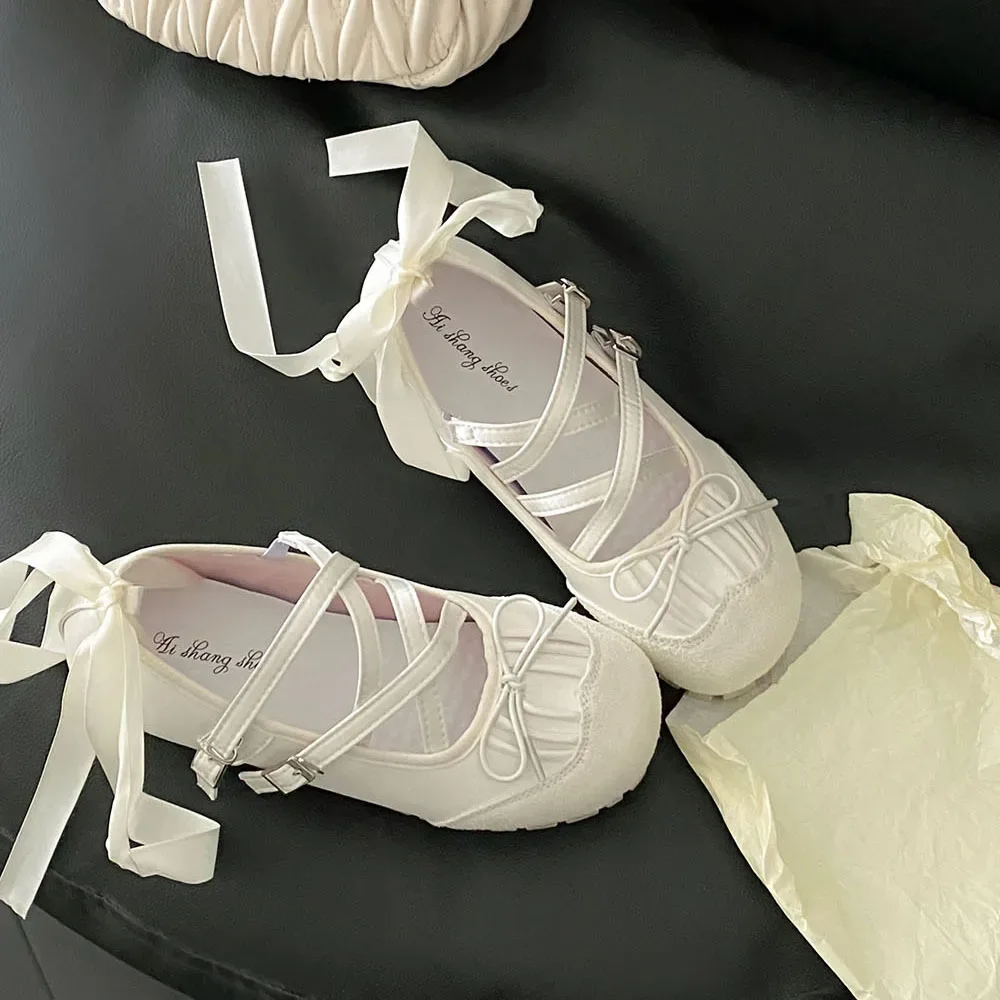 Ballet Flat Mary Jane Shoes Women Soft Bottom Puff Ballerina Slippers Summer French Style Knot Tie Sport Shoes