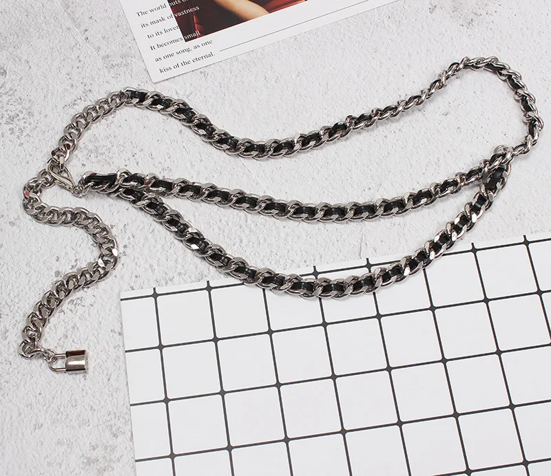 [EAM] Pu Leather Black Metal Chain Long Elegant Belt Personality Women New Fashion Tide All-match Spring Autumn 2026 1U26708
