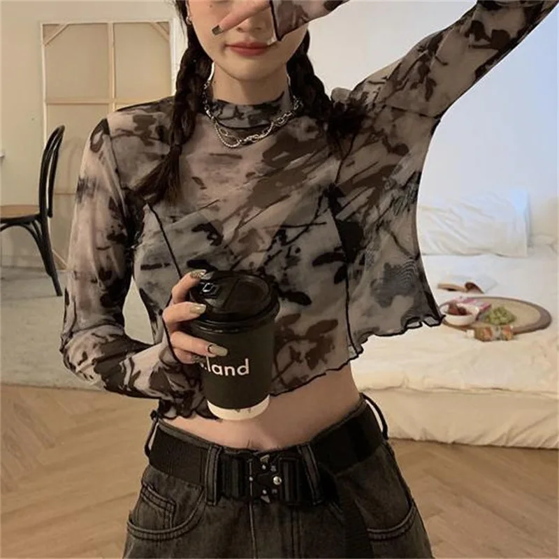 Korean Fashion Y2k Women Tie-dye T-Shirts Sexy Mesh Crop Tops Long Sleeve See Through Slim Turtleneck Female Printed Outfits