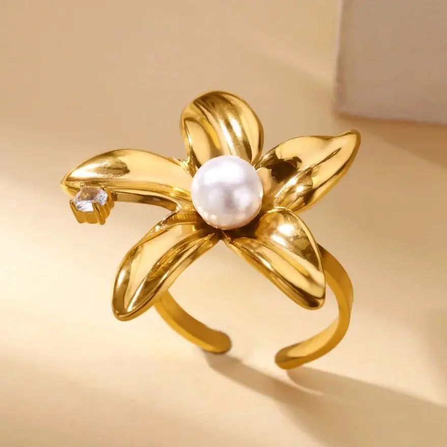 Gold Flower Ring With Zircon Pearl For Women