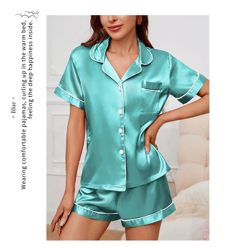 Frauen Nachtwäsche Seide Satin Pyjamas Set Button-Down Pyjama Shorts Anzug Pijama Femme Loungewear Pj Sets Einfarbig Hause kleidung – Detail 6