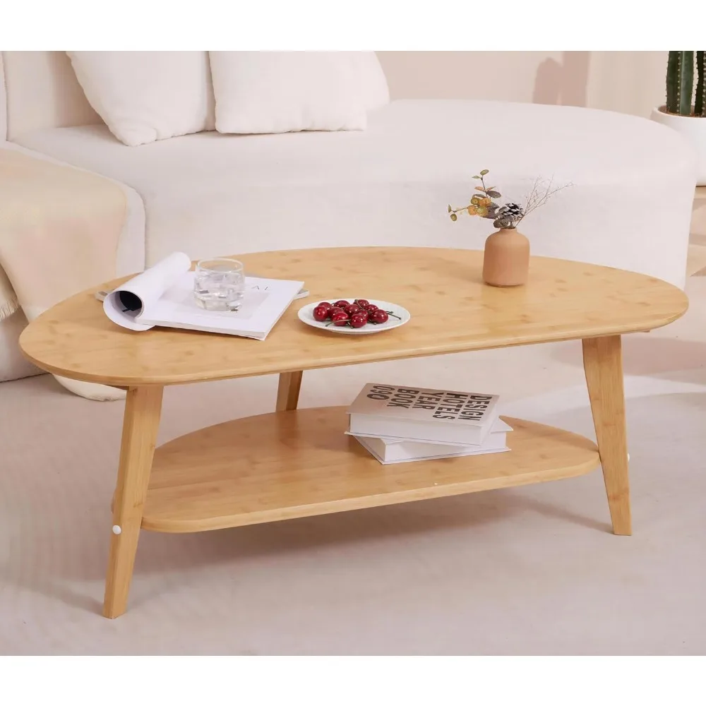 Mid Century Modern Coffee Table with Storage Shelf, Medium Oval Coffees Tables for Living Room