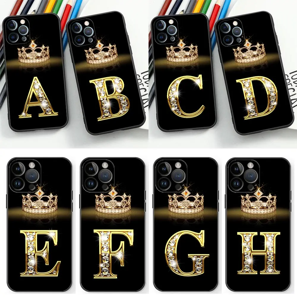 Fashion Rose Gold Diamond Crown 26 Letter Coque Per Iphone 15 Pro Max Custodia Per Iphone 11 12 13 14 15 Pro Max Mini 8 7 Plus Cover