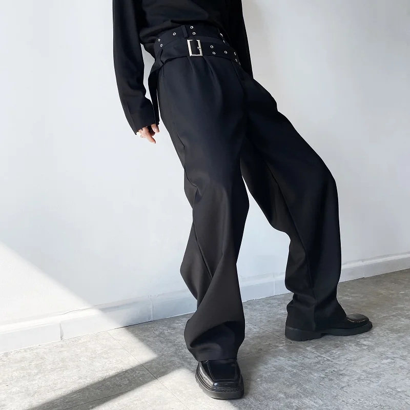 

2023 черные свободные повседневные мужские прямые брюки с широким модным поясом и темными штанинами в стиле Харадзюку, уличная одежда, шикарный белый костюм, брюки