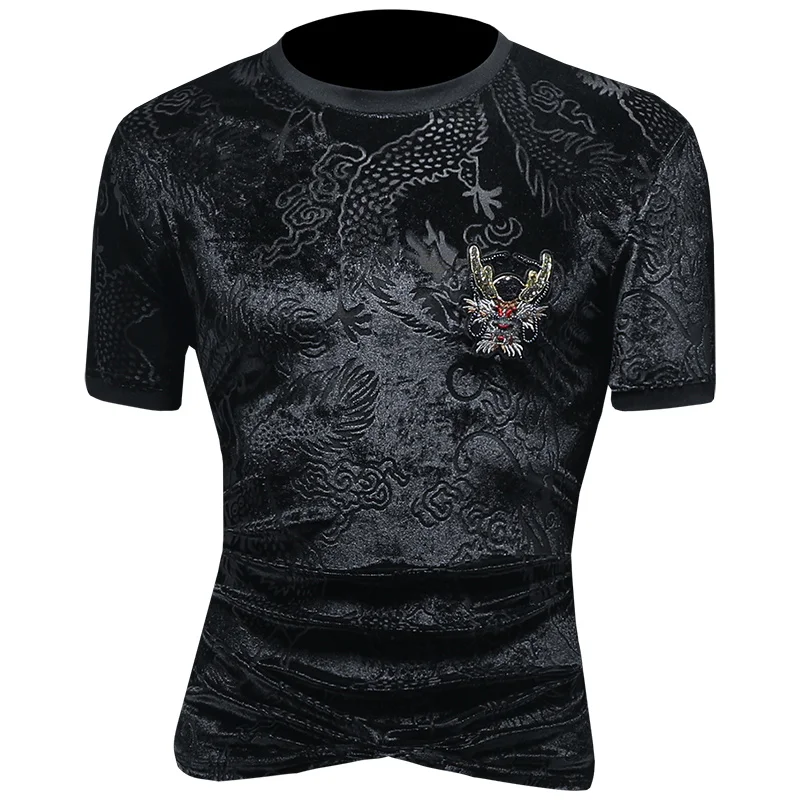 2025 Summer New Velvet Jacquard Men's Short Sleeved T-shirt Fashion Casual Business Tshirts Luxury Social Streetwear Tee Tops