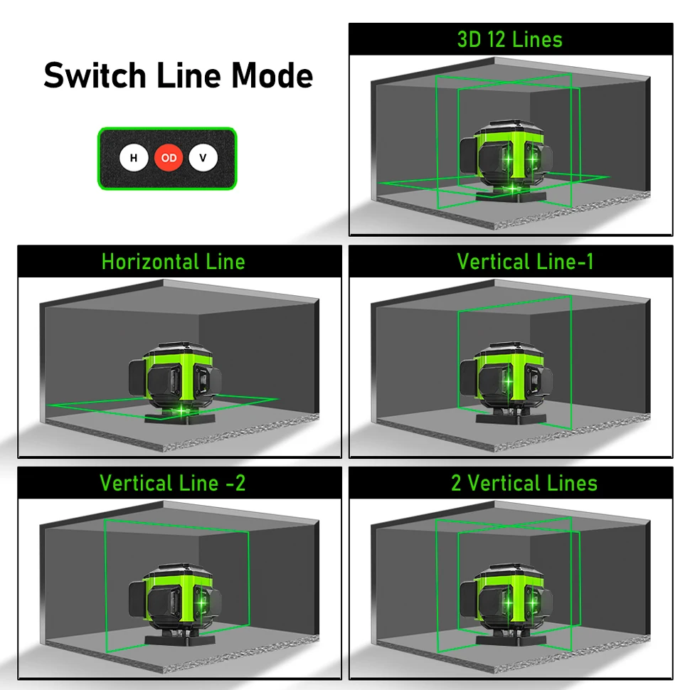 Laser Level 16/12 lines Self-leveling Remote Control Outdoor Mode-Receiver Auto 3x360 Green beam