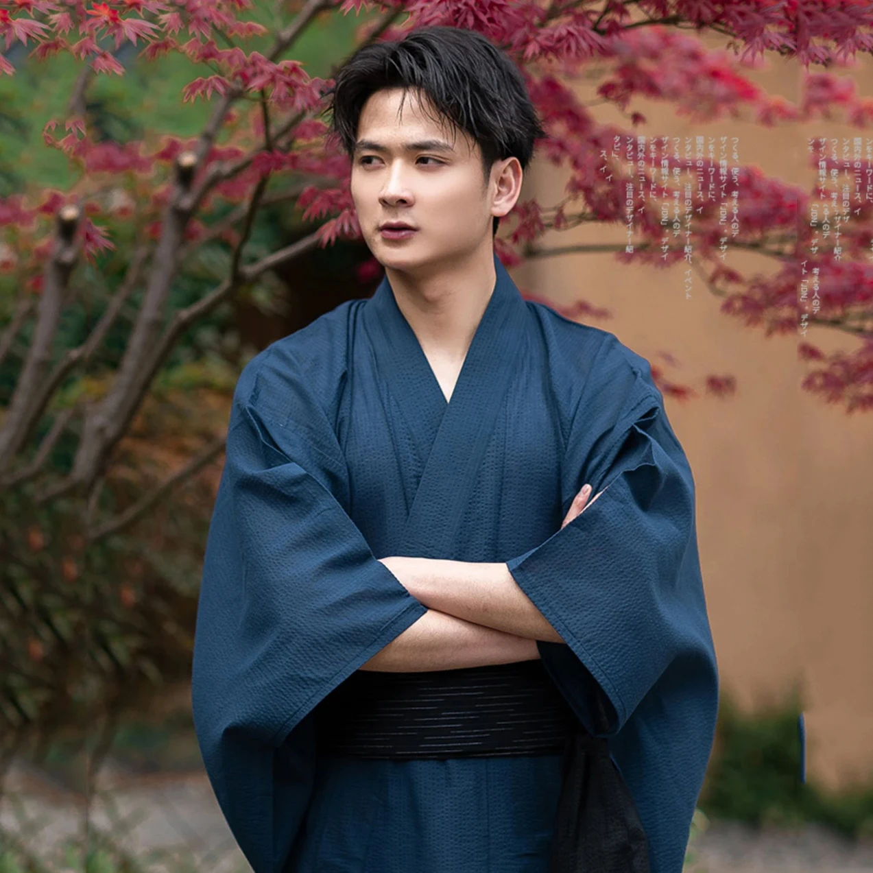 Cotton Navy Japanese Traditional Samurai Kimono For Men Yukata Bathing Robe Hekoobi Sauna Wear Homewear Belt Long Gown japanese kimono