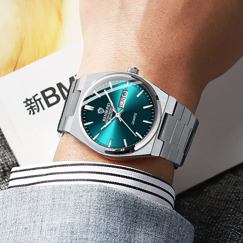 BINBOND Luxury Men Quartz Watch Waterproof Date Week Luminous Wristwatch Stainless Steel Men's Watches Male Clock Sports Reloj