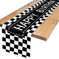 Happy Birthday Black White Checkerboard Linen Table Runner Party Decor Racing Theme  Dining Table Runner Birthday Decorations 1