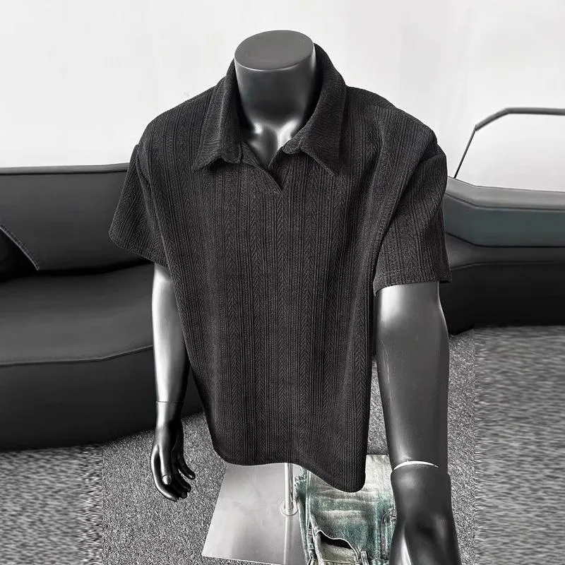 Camicia Estiva da Uomo Trendy a Mezza Manica con Colletto Polo in Jacquard Grigio Fantasia, Taglie Forti, Collezione Lapel Youth 2026 - immagine 3