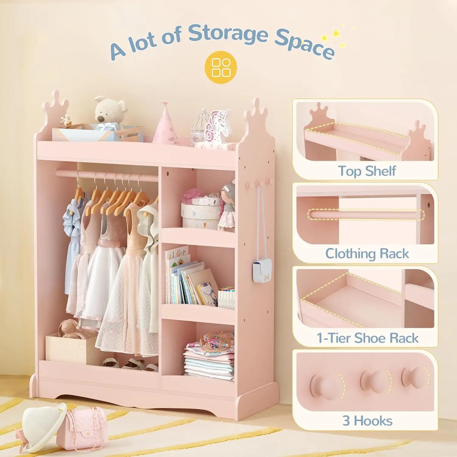 Dress up Storage with Mirror, Kids Wardrobe with 3 Hooks, Kids Closet for Girls Boys, Armoire Costume Organizer for Be