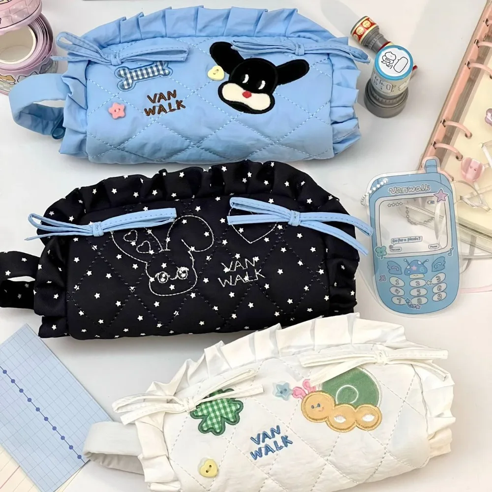 Kawaii 달콤한 활 펜 가방 대용량 개 토끼 연필 주머니 케이스 정리 프릴 메이크업 보관 가방 학생