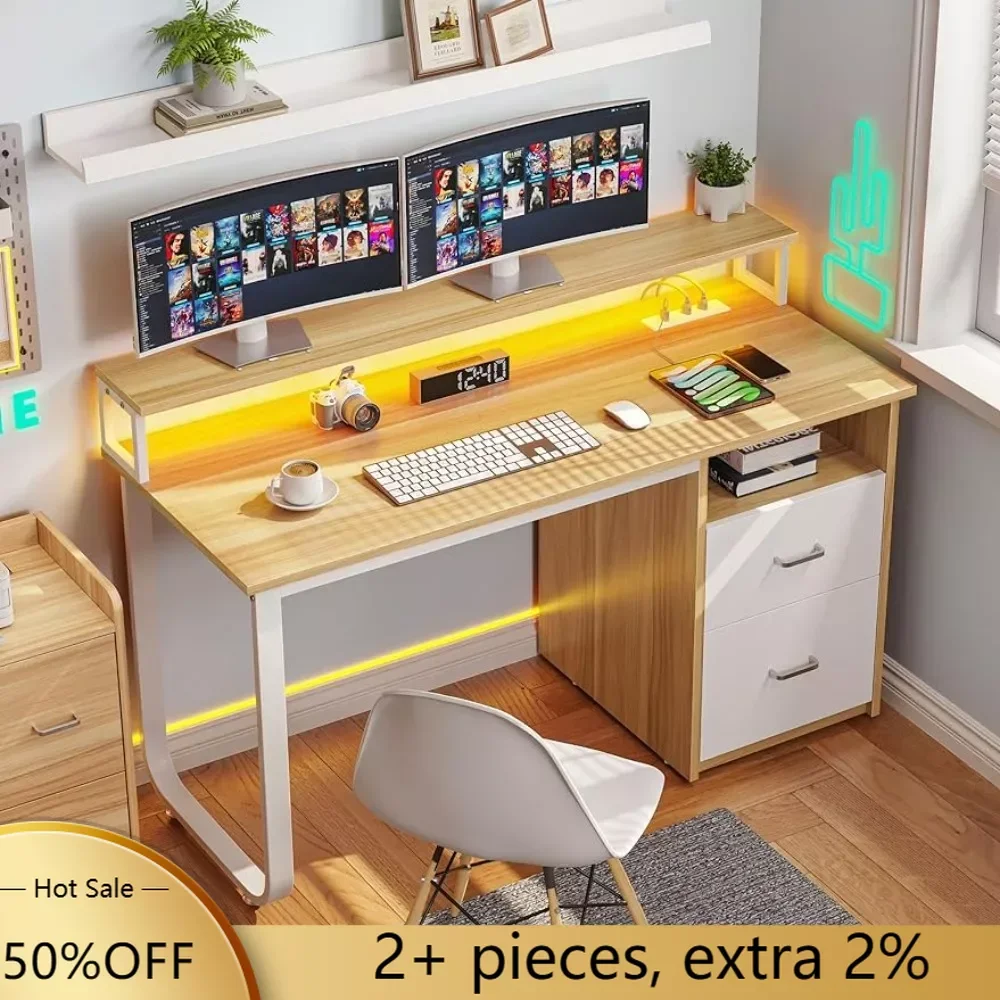 Computer Desk With Drawers Monitor Gaming Table Home Office Desk With Storage Shelves Coffee Tables Wood Grain freight Free 47 inch home office desk with monitor stand writing study table gamer table for pc setup accessories white freight free mobile