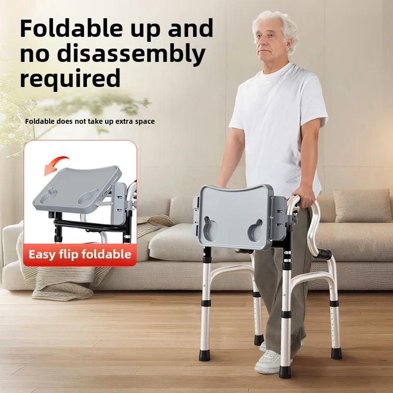 Lightweight Walkers for Elderly Aluminium Alloy Folding Walking Stick with Seat Walking Aid with Meal Plate for Hospital Family