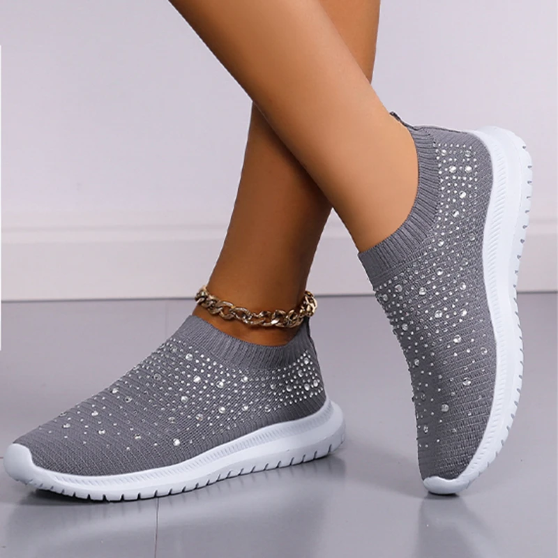 Lucyever Shiny Crystal Knitted Sneakers Women 2022 Spring Breathable Mesh Flats Woman Plus Size Slip on Running Casual Shoes 43