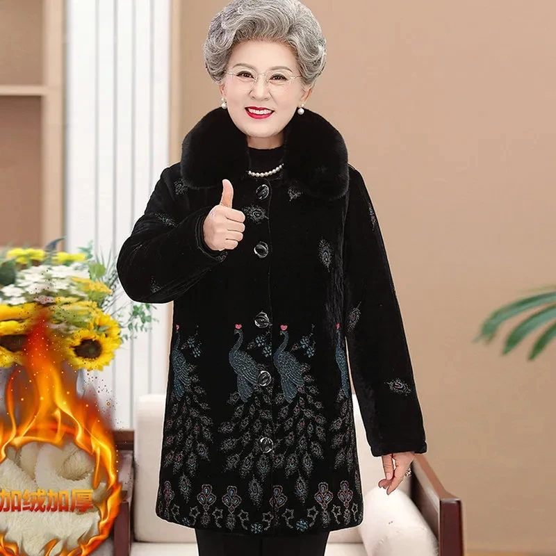 2025 Grandma's Parka Women's Long Cotton-Padded Coat Mother's Winter Velvet Padded Velvet Thickened Wool Collar Cotton Jacket