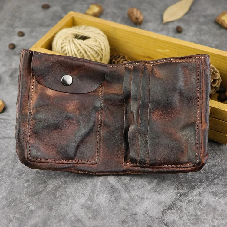 Handmade Vintage Style Men's Leather Wallet, Short Design with Folded Card Holder