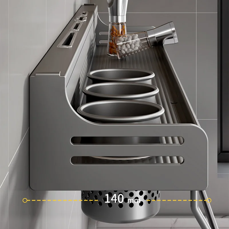 No Drill Kitchen Storage Rack Aluminum Wall Mount Spice Seasoning Spoon Knife Stand Holder Rag Dishcloth Rack Organizer Shelf