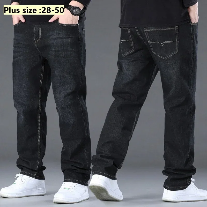 Stretched Jeans Men 150KG Plus Size 50 48 46 Male Spring Autumn Classic Loose Elastic Straight Trousers Wide Leg Big Work Pants