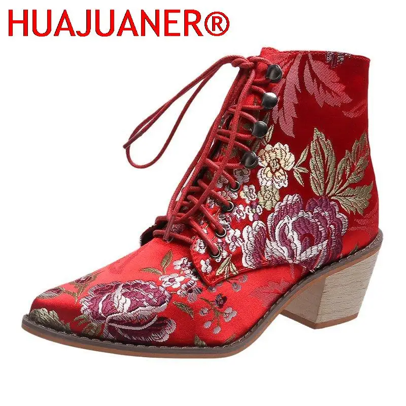 

2023 New Women Luxury Silk Boots Ankle Boots New Autumn Winter Embroider Womens Motorcycle Boots Lace Up Shoes Woman