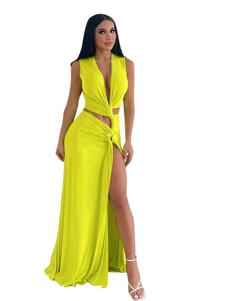 Wmstar Dress Women Wholesale A New Solid-color Sexy Deep V Shaped Cut Out Slit Figure Hugging Long Dresses for Woman  Summer