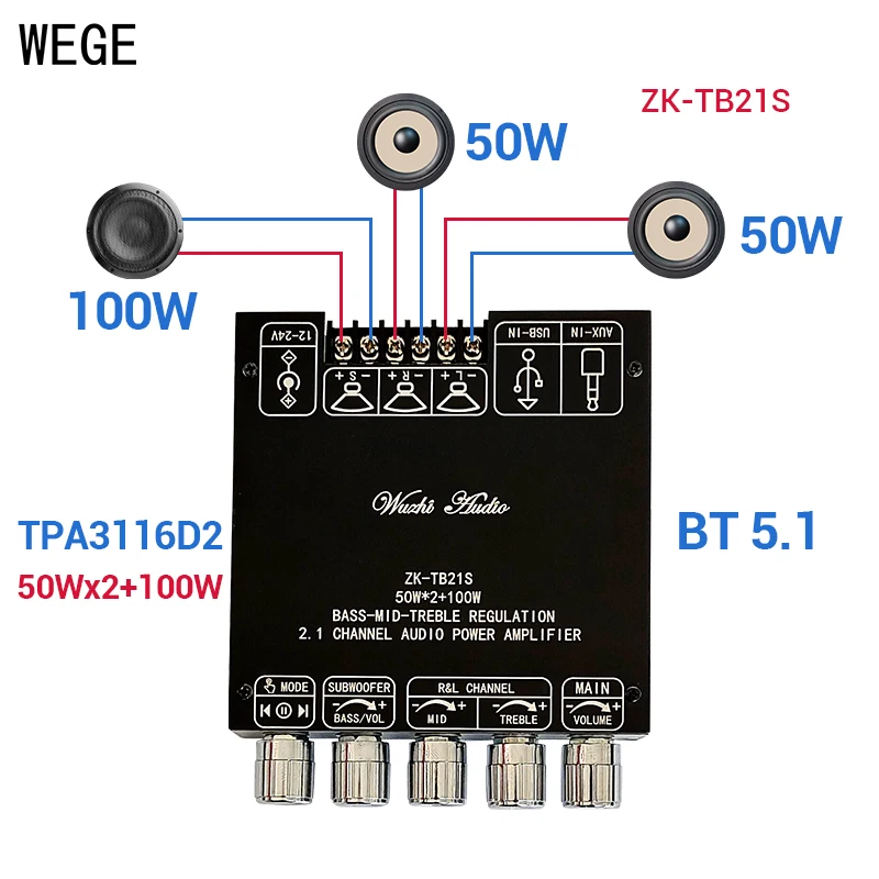 WEGE ZK-TB21S TB21 MT21S MT21 2.1 Channel 2*50W + 100W TPA3116D2 BT Audio Amplifier Power Subwoofer Treble AMP Wuzhi Audio APP audio amplifier board audio speaker