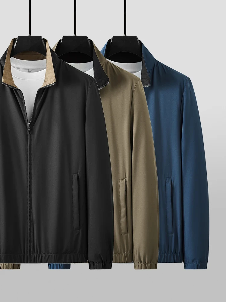 Fall Winter Men's High-end business reversible knitted wool basic autumn zipper stand up collar casual wool jacket 3