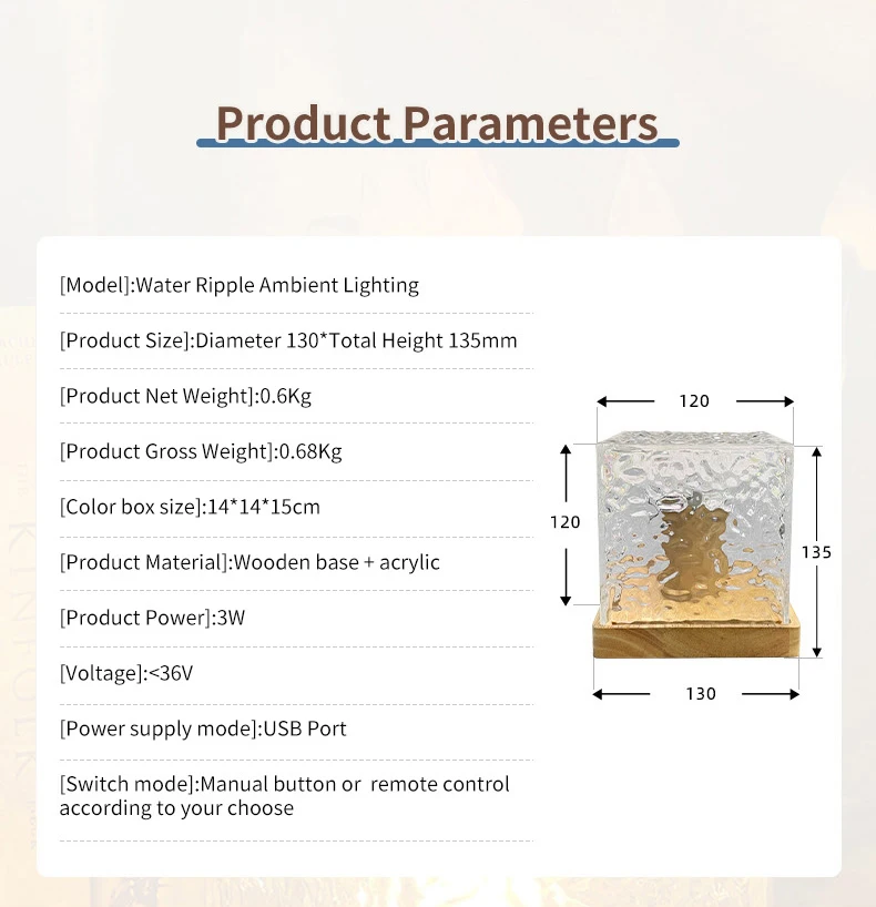 Description Picture 5 of item3/16 Colors Flame Crystal Lamp Dynamic Rotating Water Ripple Projector Night Light For Living Room Study Bedroom Rotating Light