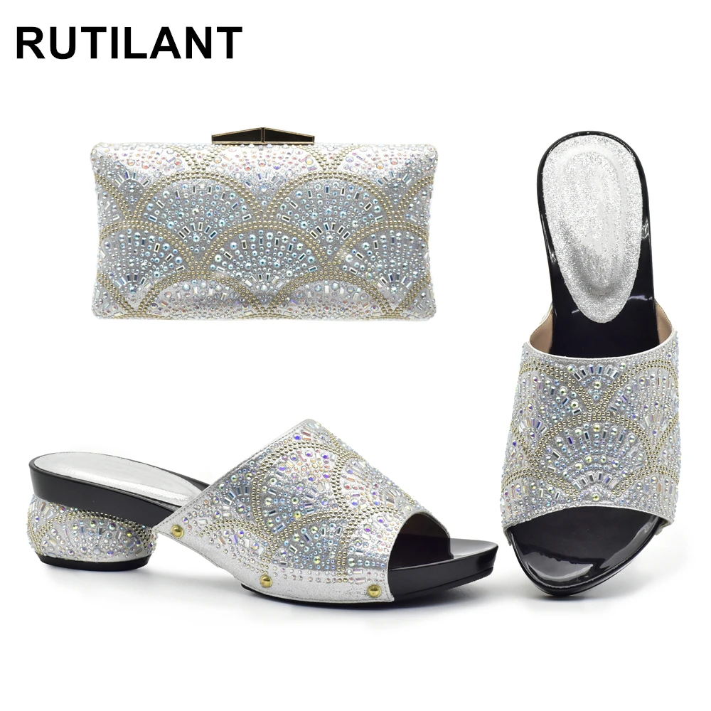 

New Fashion Italian Shoes and Bags Matching Set Decorated with Rhinestone Lwo Heels Crystal Wedding Pumps Plus Size Shoes Luxury