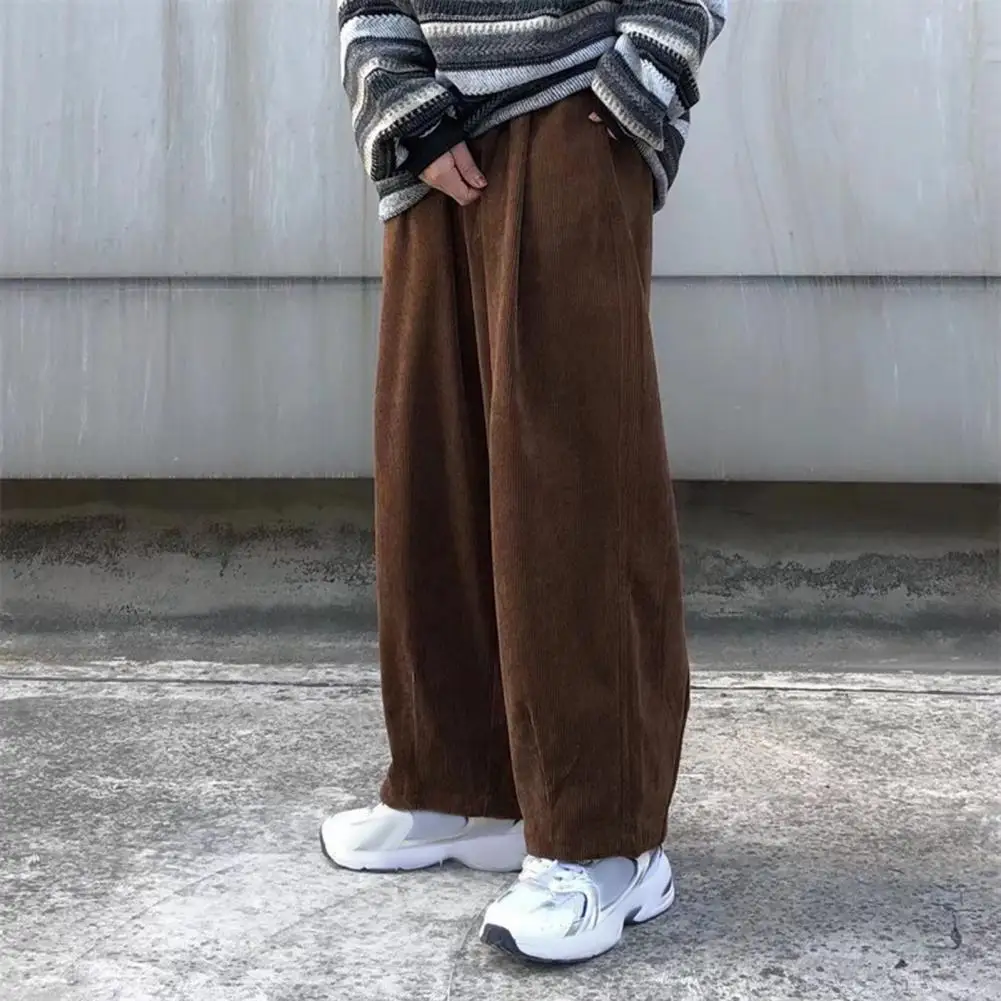 

Men Corduroy Pants Japanese Style Retro Wide Leg Men's Pants with Elastic Waist Deep Pockets Loose Straight Casual for Men