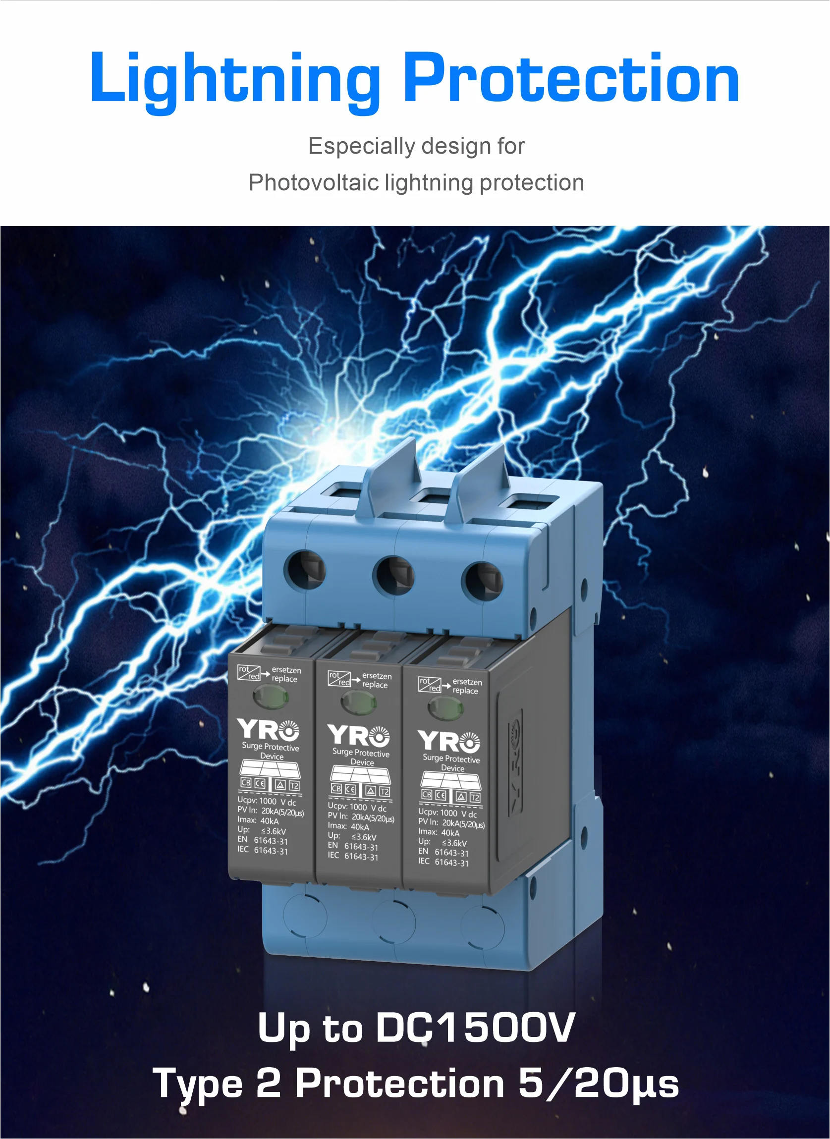 DC SPD 2P 600V 3P 1000V 1500V House Surge Protector Protective 20KA~40KA T2 Type