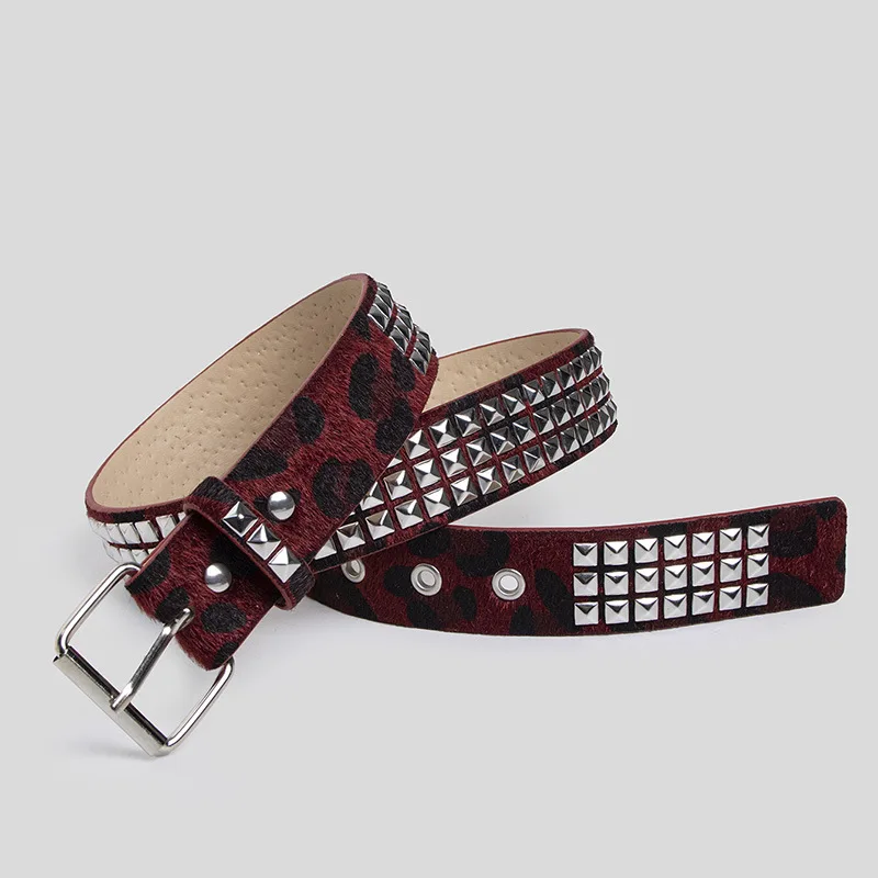 Punk Pink Leopard Print Studded Fur Belt with Pin Buckle
