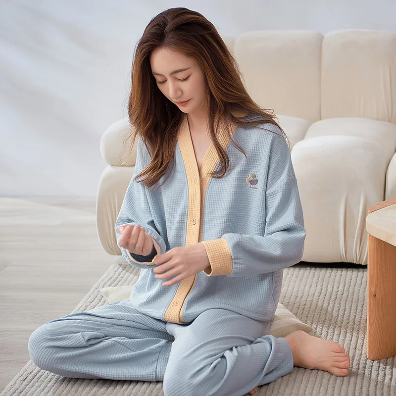 

Пижама женская из натурального хлопка, однотонная женская осенняя одежда для сна, пижамный комплект с V-образным вырезом, кардиган, пижама, домашняя одежда