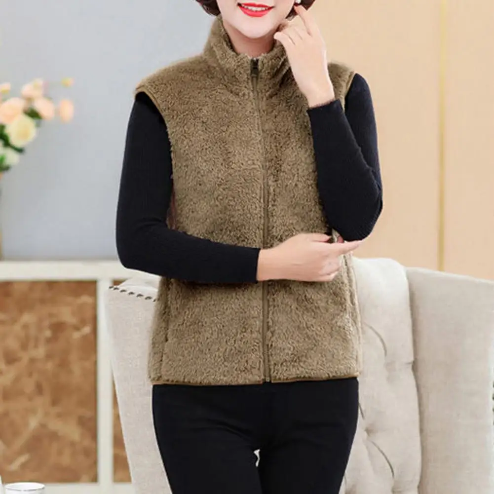 

Thermal Waistcoat Mid-aged Women's Plush Stand Collar Vest Coat with Zipper Closure Neck Protection Solid Color for Fall