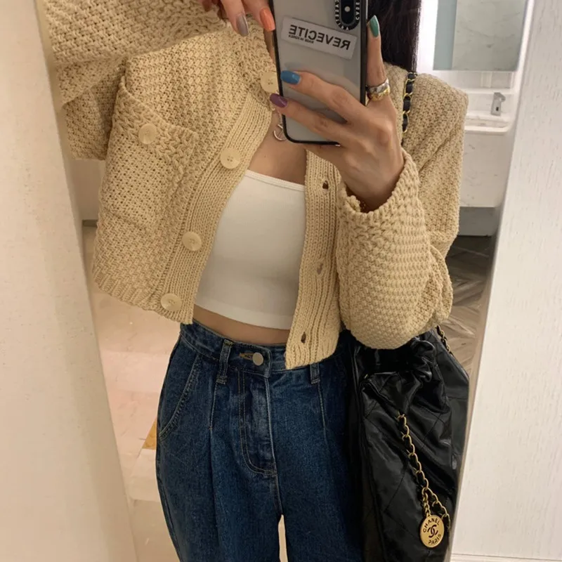 Small Solid Color Knitted Sweater Coat for Women