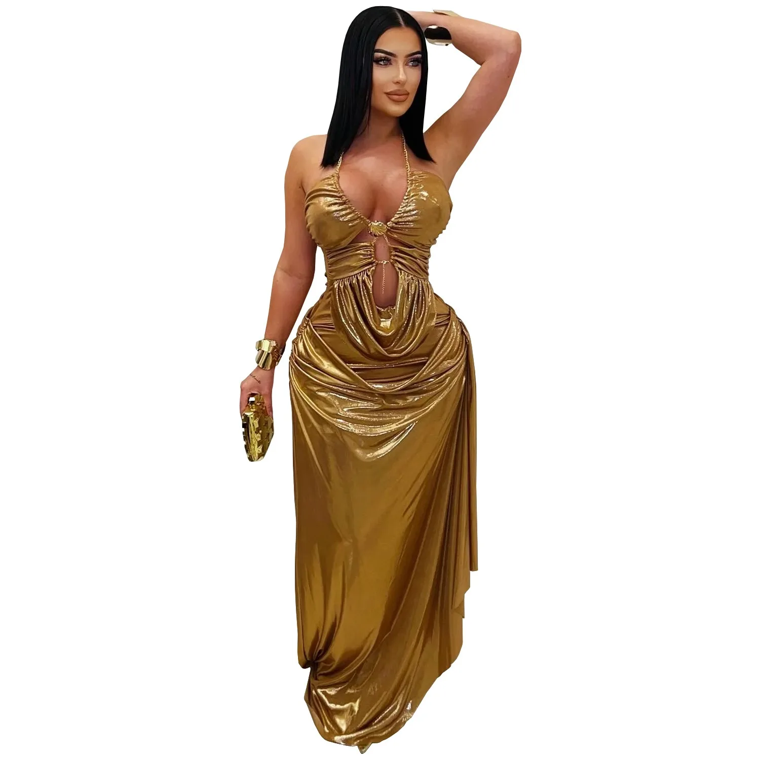 Sexy Nightclub Party Prom Club Banquet Solid Color Neck Gold Chain Pleated  Arm Wrap Dresses - AliExpress 200000345