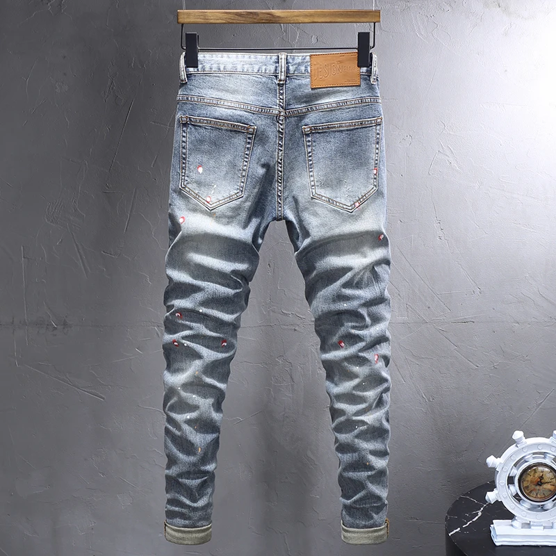 Street Fashion Men Jeans Retro Blue Elastic Stretch Skinny Fit Vintage Ripped Jeans Men Painted Designer Hip Hop Pants Hombre