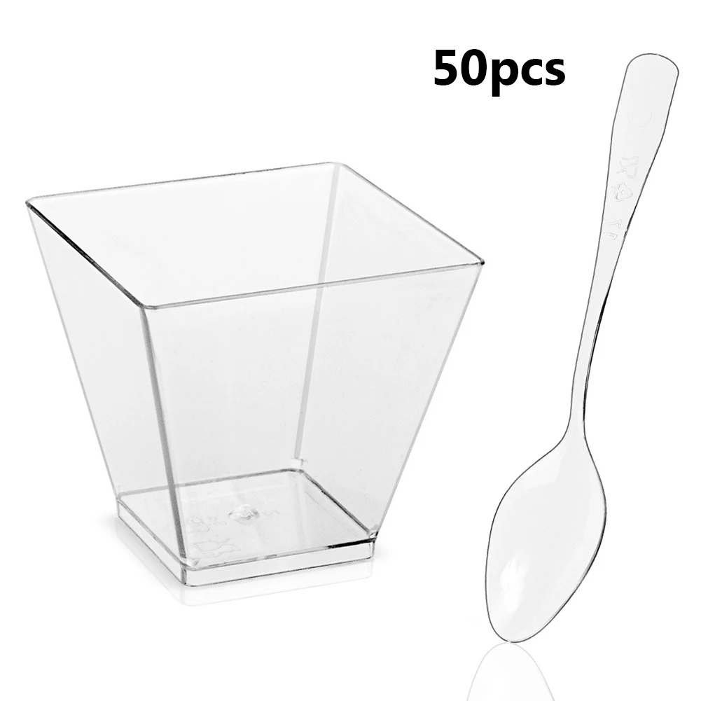 60ml Square Dessert Cup Kitchen Decor Square Mini Dessert Cups with Spoon Set Reusable Accessories for Tasting Pudding Yogurt