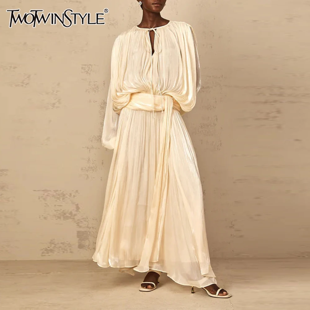 twotwinstyle solid loose spliced folds elegant dresses for women round neck long sleeves patchwork lace up dress female fashion TWOTWINSTYLE Solid Loose Spliced Folds Elegant Dresses for Women Round Neck Long Sleeves Patchwork Lace Up Dress Female Fashion 1